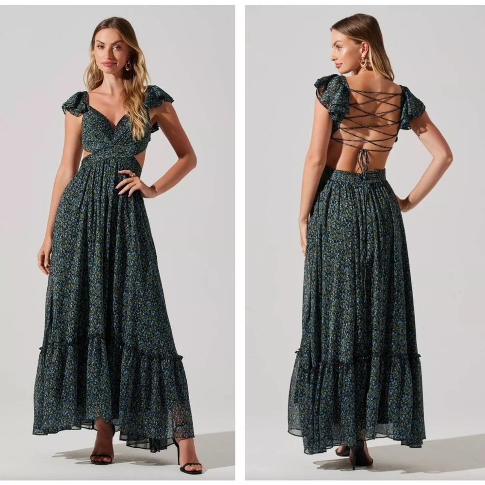 Astr Navy Floral Backless Maxi Dress with Lace-Up Back